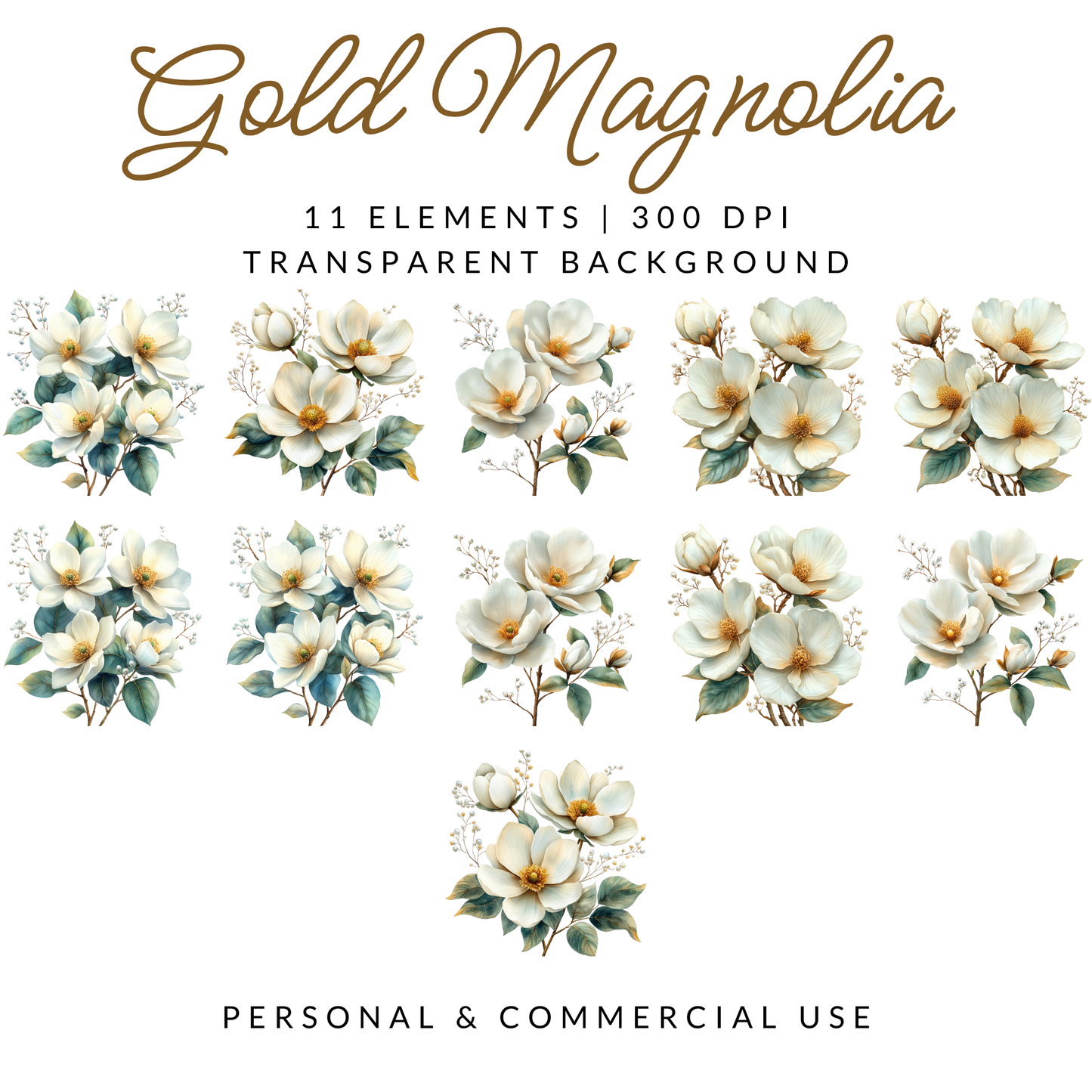 Gold Magnolia Floral clipart, White Flowers PNG Set, Wedding Invitation clip art, Magnolia Glam Garden Bridal Shower Sublimation Bundle