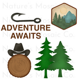 Rustic Clipart Mini Set, Adventure Awaits, Log, Pine Tree, Mountain, Fishing Hook, Cowboy Hat, Instant Digital Download