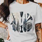 Musical Instrument T-Shirt French Horn Trumpet Trombone Design Unisex Music Lover Gift Casual Wear Cotton Tee
