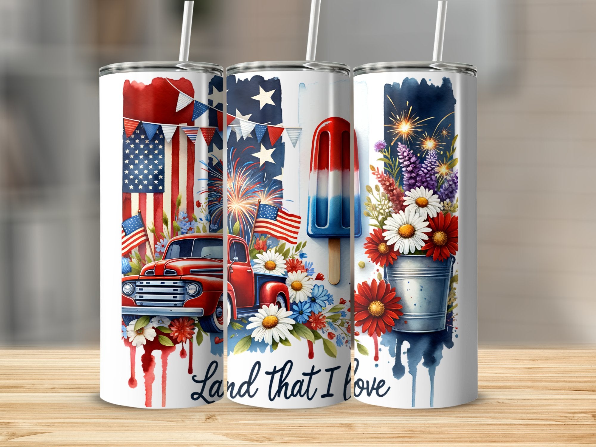 Patriotic Tumblers Stainless Steel USA Flags Fireworks Vintage Truck Floral Design Insulated Cups