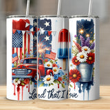 Patriotic Tumblers Stainless Steel USA Flags Fireworks Vintage Truck Floral Design Insulated Cups
