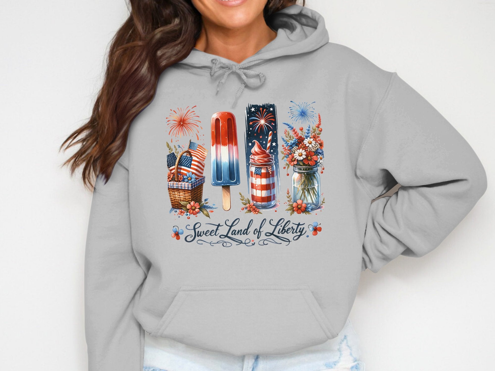 Patriotic Hoodie Women's Grey Sweatshirt with Fireworks and Floral Design for Independence Day