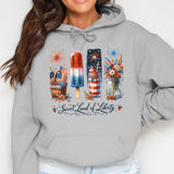Patriotic Hoodie Women's Grey Sweatshirt with Fireworks and Floral Design for Independence Day