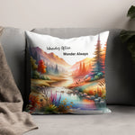Scenic Mountain Lake Throw Pillow, Colorful Nature Landscape Cushion, Home Decor Sofa Accent, Wander Often Wonder Always Design