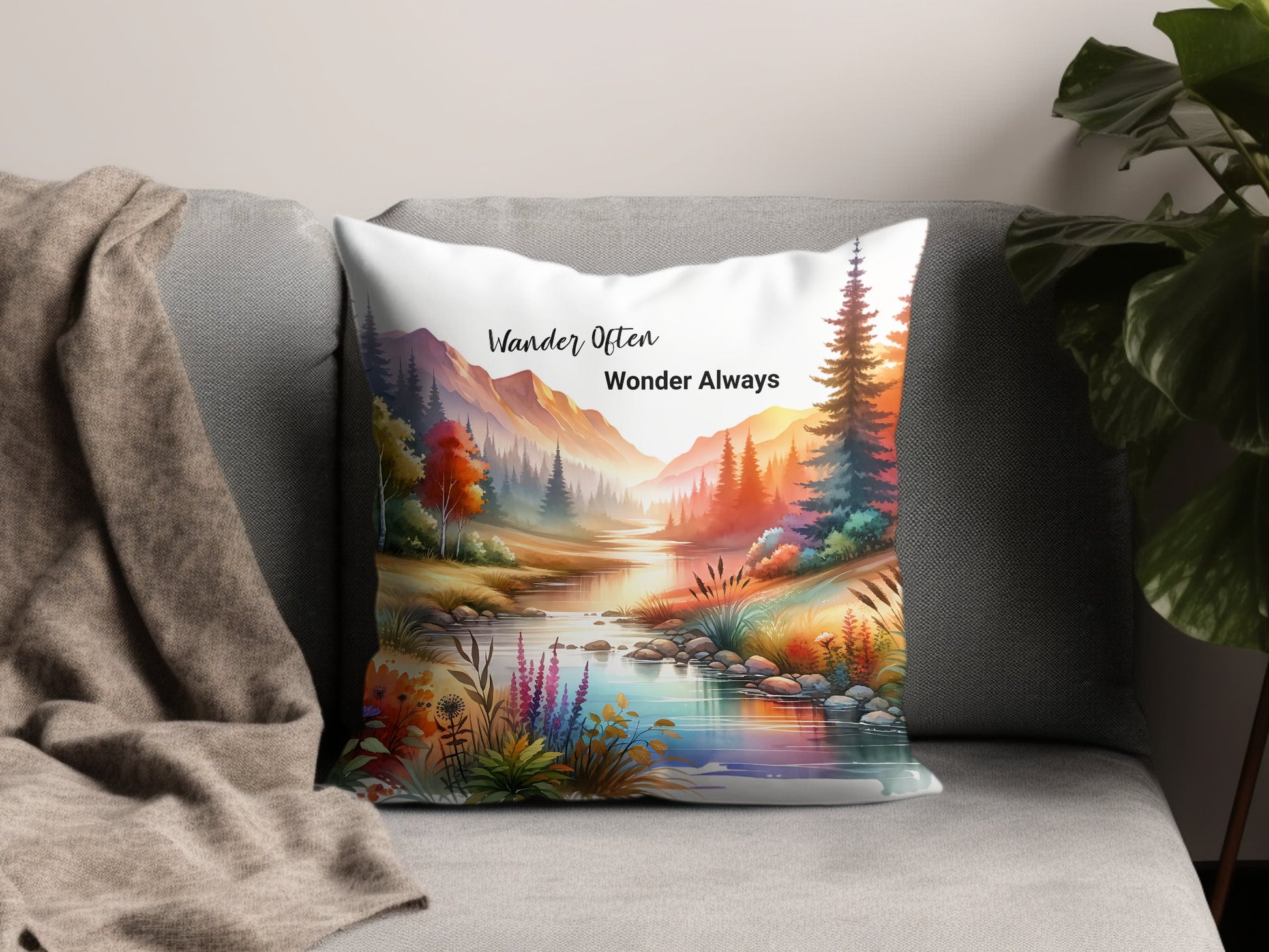 Scenic Mountain Lake Throw Pillow, Colorful Nature Landscape Cushion, Home Decor Sofa Accent, Wander Often Wonder Always Design