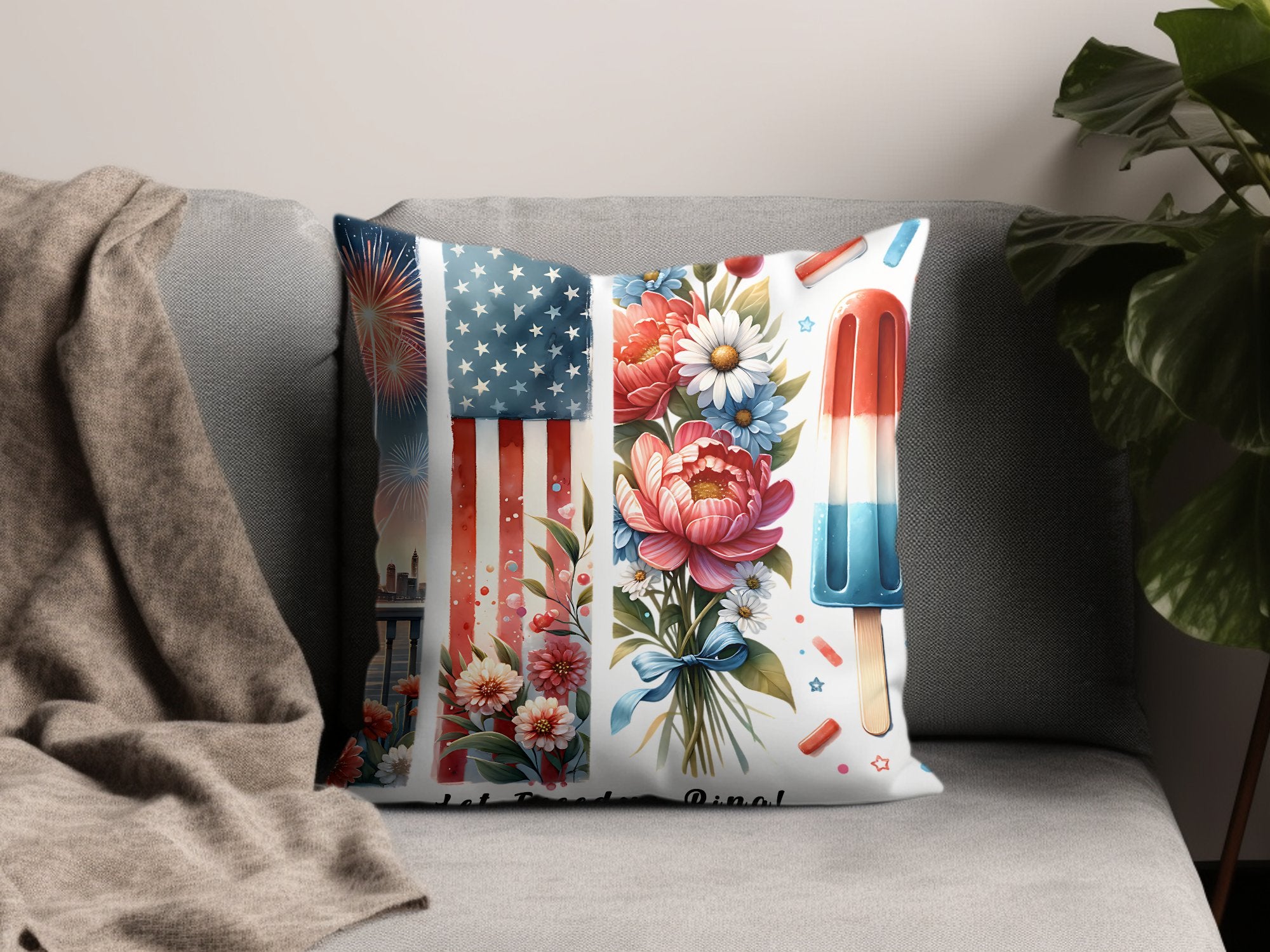 Patriotic Throw Pillow Cover, USA Flag Floral Fireworks Design, 4th of July Decorative Cushion, Festive Home Decor, Unique Sofa Accessory