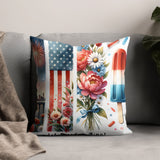 Patriotic Throw Pillow Cover, USA Flag Floral Fireworks Design, 4th of July Decorative Cushion, Festive Home Decor, Unique Sofa Accessory