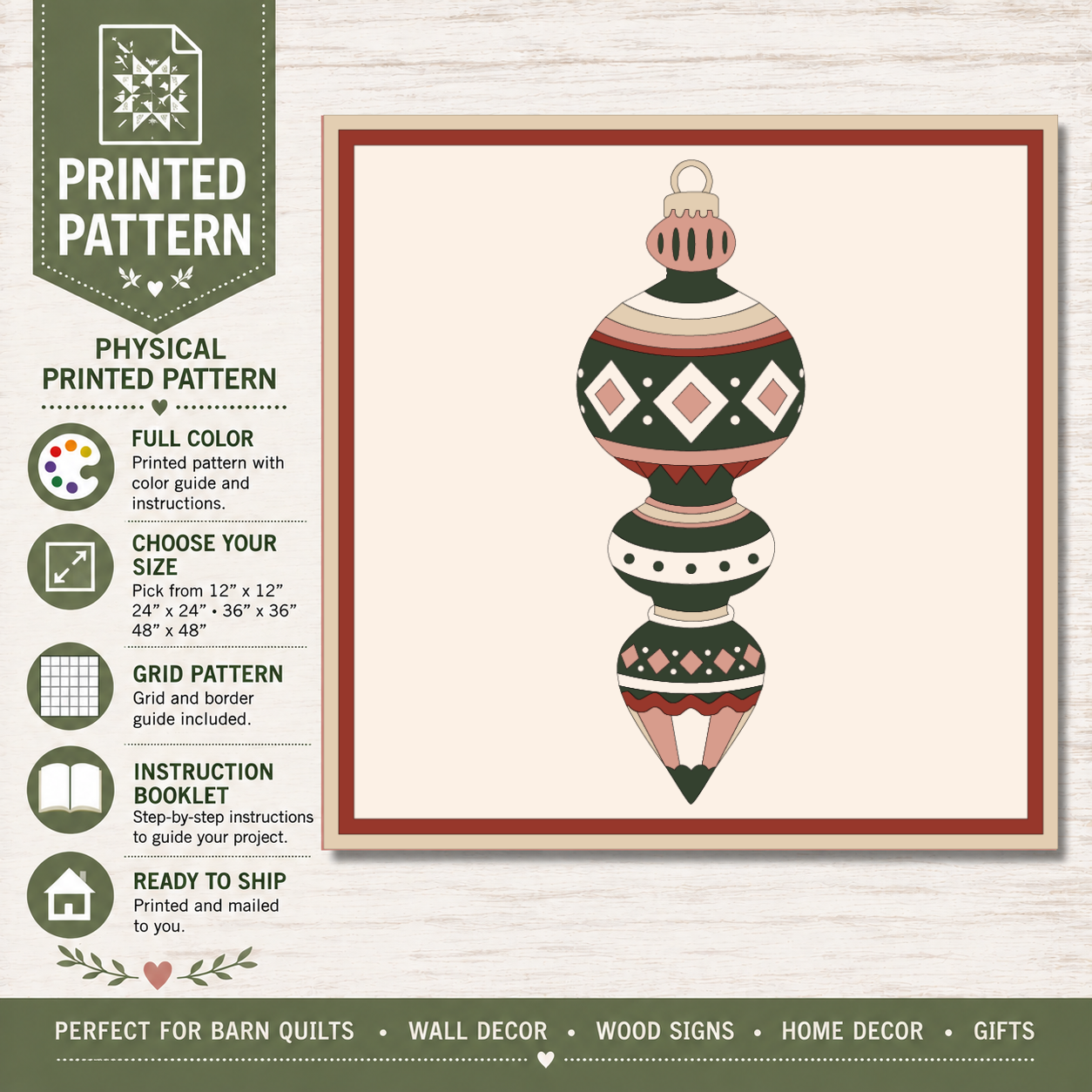 A printed pattern product listing graphic showing a decorative ornament design inside a cream card with a red border, on a light wood background. The left side lists features like full color, customizable size, grid pattern, instruction booklet, and ready-to-ship delivery.