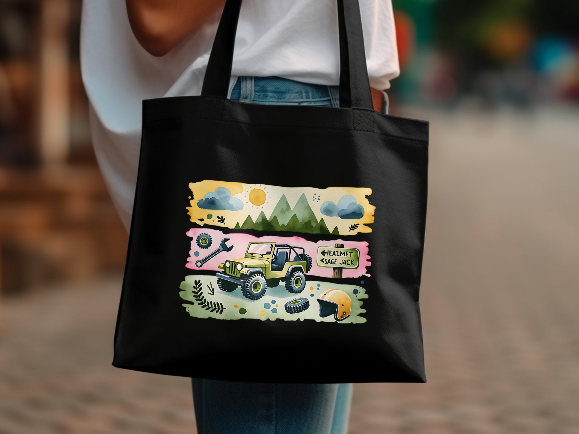 Designer Tote Bag with Colorful Off-Road Vehicle and Nature Print, Durable Canvas Shopper, Unique Gift Idea