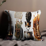 Decorative Music Themed Pillow Cover, Trumpet Saxophone Design, Colorful Home Decor Cushion, Unique Gift for Musicians