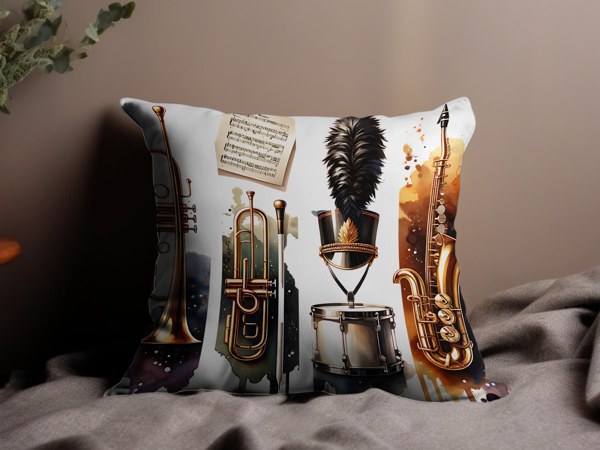 Decorative Music Themed Pillow Cover, Trumpet Saxophone Design, Colorful Home Decor Cushion, Unique Gift for Musicians