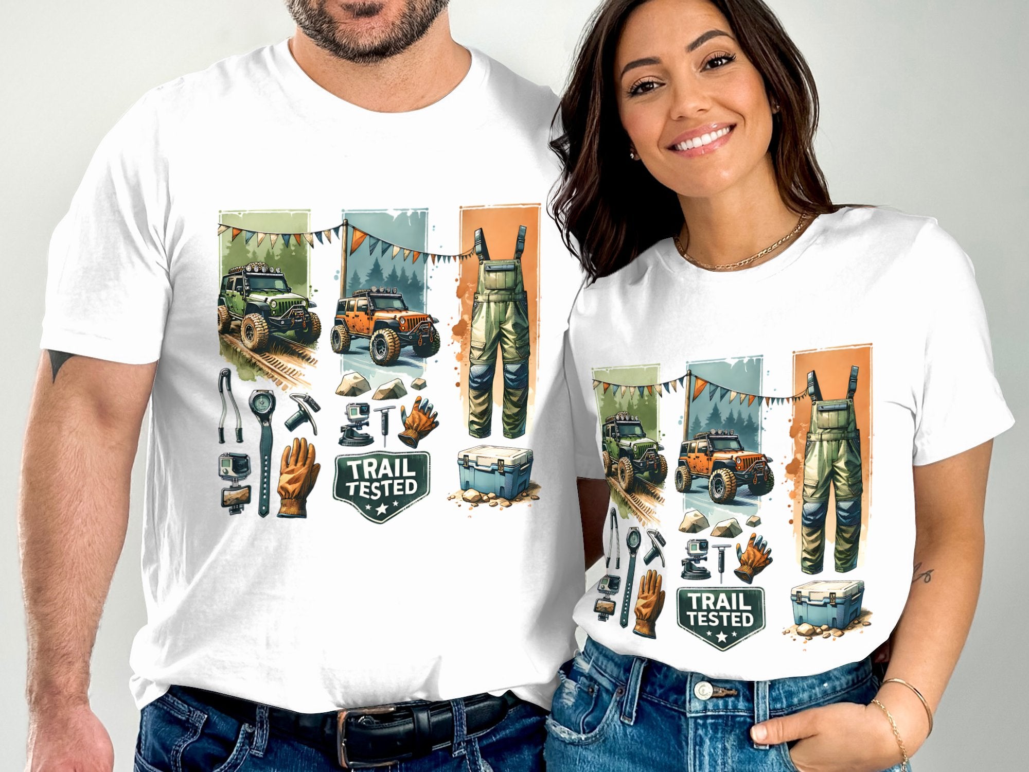 Couple Matching Adventure T-Shirts, Trail Tested Jeep and Camping Graphic Tee, Outdoor Exploration Unisex Apparel