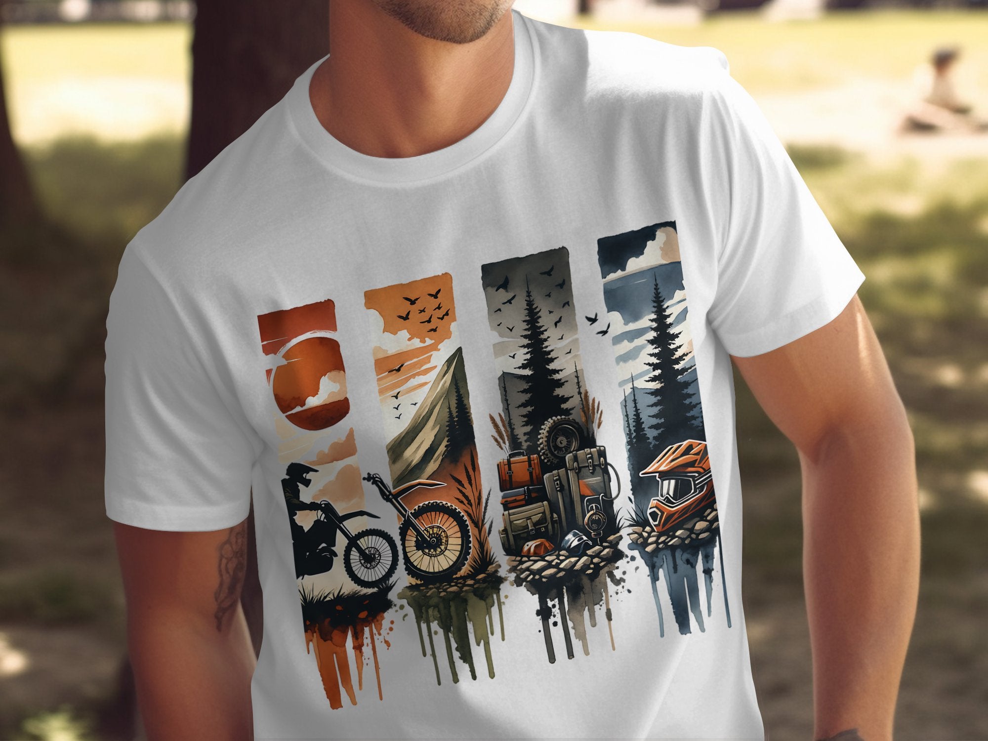 Adventure Graphic T-Shirt, Outdoor Activities Themed Tee, Mountain Biking, Camping, ATV, Nature Illustration Shirt for Men