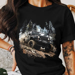 Off-Road Jeep Adventure Graphic T-Shirt, Forest and Mountain Print, Outdoor Vehicle Enthusiast, Unisex Black Tee