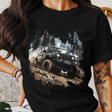Off-Road Jeep Adventure Graphic T-Shirt, Forest and Mountain Print, Outdoor Vehicle Enthusiast, Unisex Black Tee