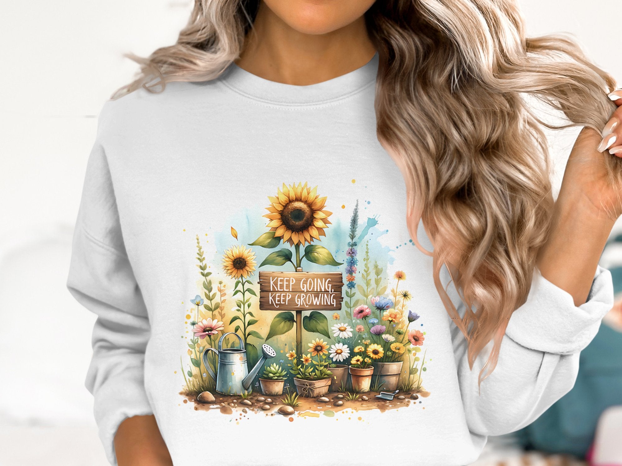 Women's Inspirational Garden Theme Sweatshirt, Sunflower Print, Floral Graphic Pullover, Casual Fall Fashion Top