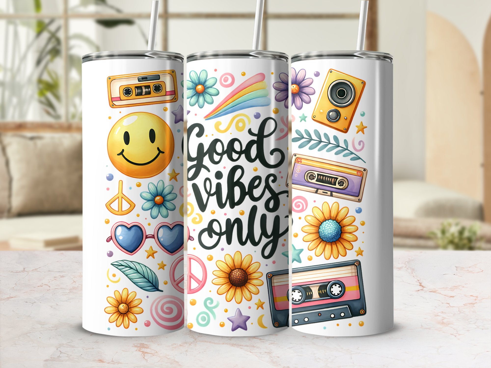 Colorful Tumblers with Smiley Face and Cassette Designs, Good Vibes Only, Insulated Drinkware
