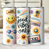 Colorful Tumblers with Smiley Face and Cassette Designs, Good Vibes Only, Insulated Drinkware