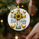 Sunflower Jesus and Chickens Christmas Ornament, Farmhouse Decor, Religious Holiday Gift, Handheld Ceramic Decoration