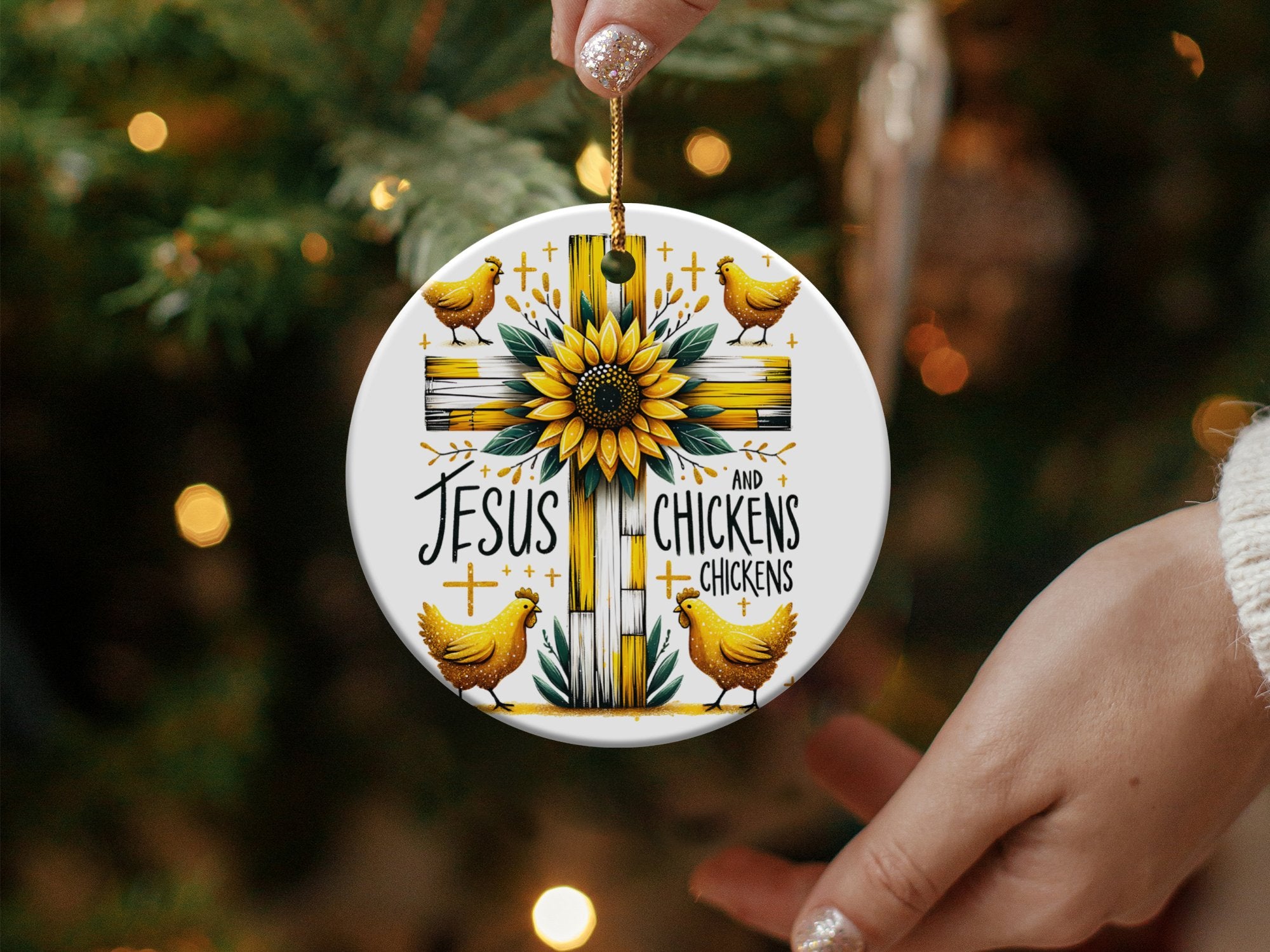 Sunflower Jesus and Chickens Christmas Ornament, Farmhouse Decor, Religious Holiday Gift, Handheld Ceramic Decoration