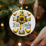 Sunflower Jesus and Chickens Christmas Ornament, Farmhouse Decor, Religious Holiday Gift, Handheld Ceramic Decoration