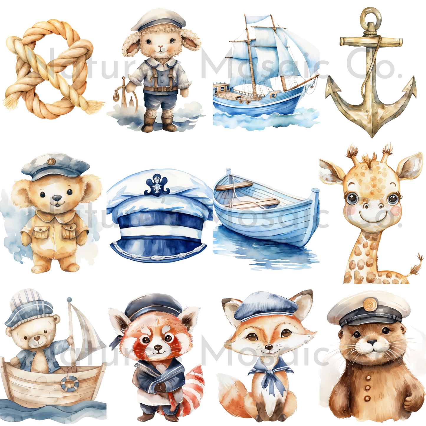 Watercolor Nautical Sailor Animals Clipart | 35 PNG | 300 DPI | Cute Ocean & Sea Animal Illustrations for Baby Shower, Nursery & Crafts