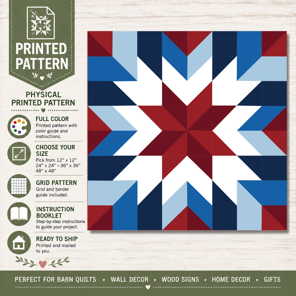 American Heritage patriotic printed barn quilt pattern featuring a geometric red white and blue star design for DIY painted barn quilts, Americana wood signs, farmhouse wall decor and patriotic home projects.