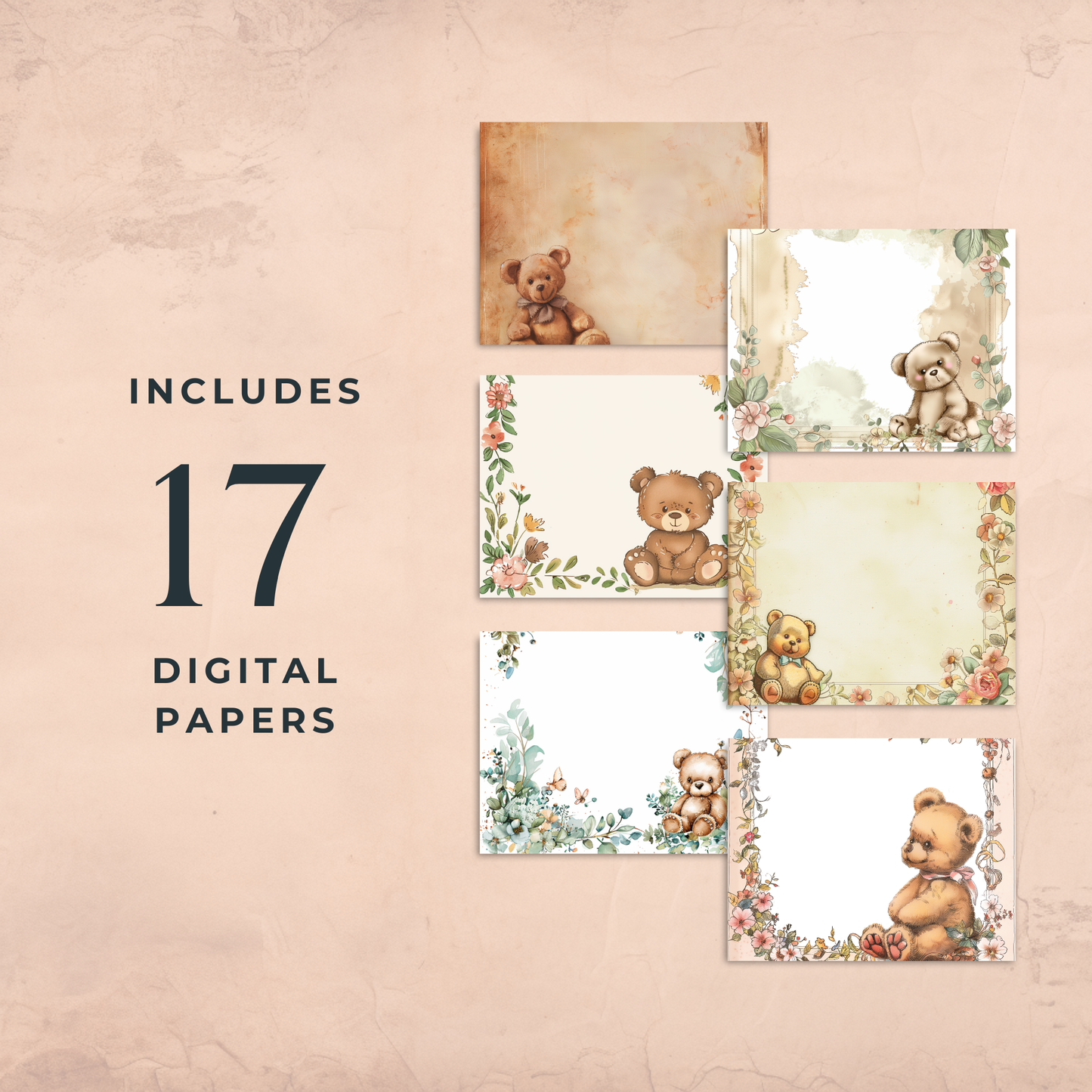 Digital Pastel Bear with Flowers Junk Journal Paper 17 Pages 12x12 Inch 300 DPI Printable Scrapbook Paper for Journaling and Crafts