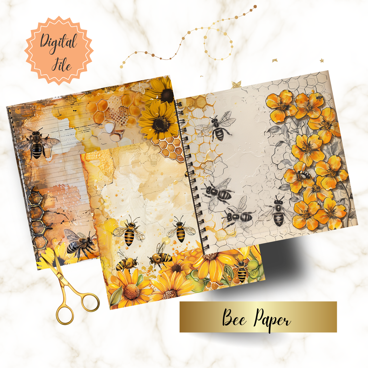 Digital Bee Junk Journal Paper | 16 Pages | 12x12" 300 DPI | Vintage Honeycomb & Floral Scrapbook Paper for Journaling & Crafts