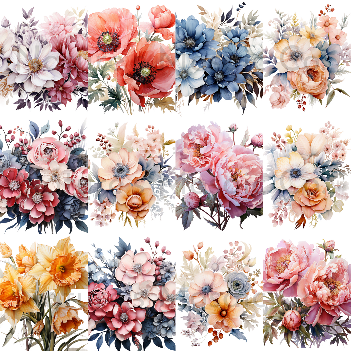 Watercolor Floral Clipart | 26 PNG Images | 300 DPI Transparent Background | Hand-Painted Flowers & Leaves for Wedding Invitations, Sublimation & Crafts