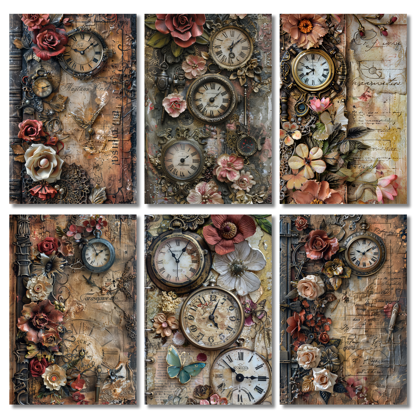 Digital Antique Clock Junk Journal Paper | 16 Pages | Vintage Ephemera, Scrapbook, Collage, Printable Aged Paper for DIY Crafts