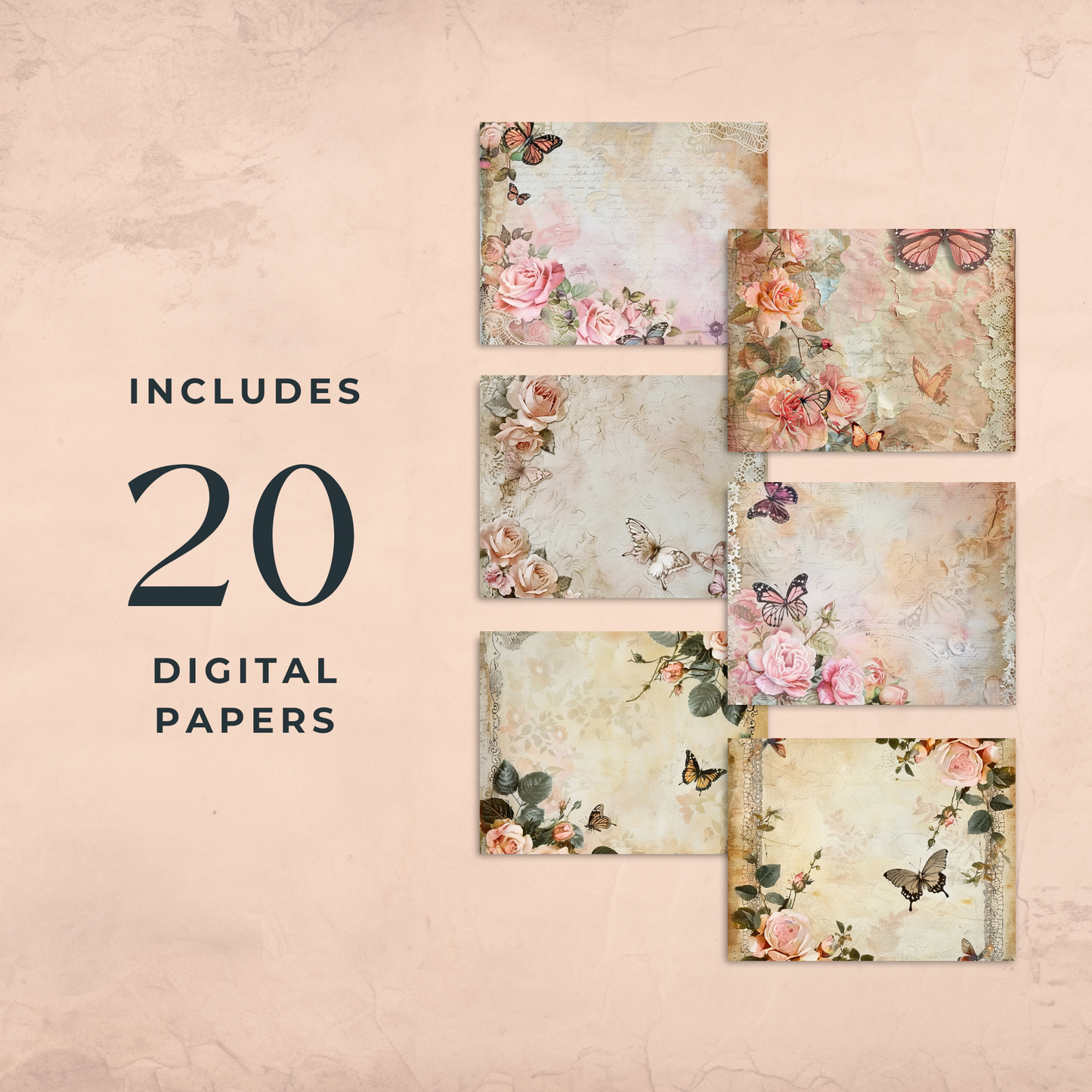 Digital Vintage Pastel Butterfly with Flowers Junk Journal Paper 20 Pages 12x12 Inch 300 DPI Printable Scrapbook Paper for Crafts