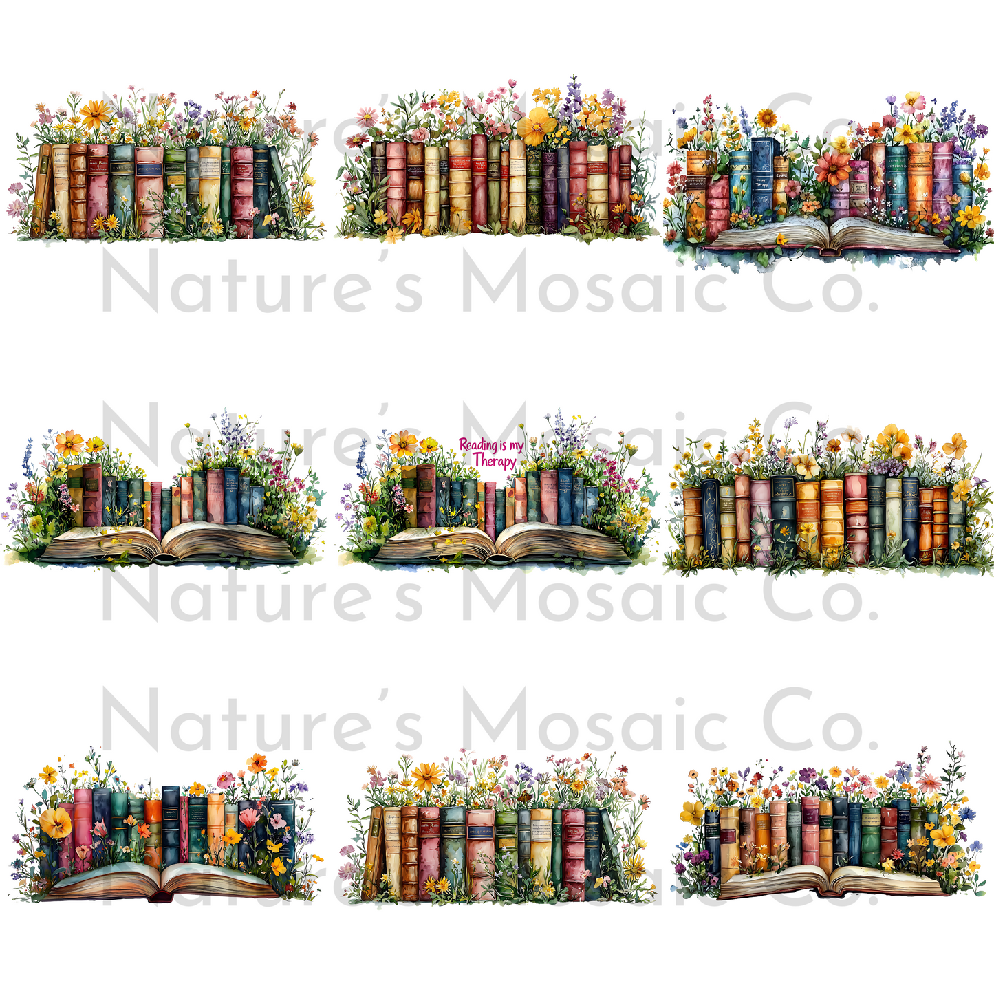 "Book Therapy Clipart, Watercolor Books PNG, Bookshelf Row Clip Art, Book Lover Aesthetic, Reading Sublimation, Transparent PNG Bundle"