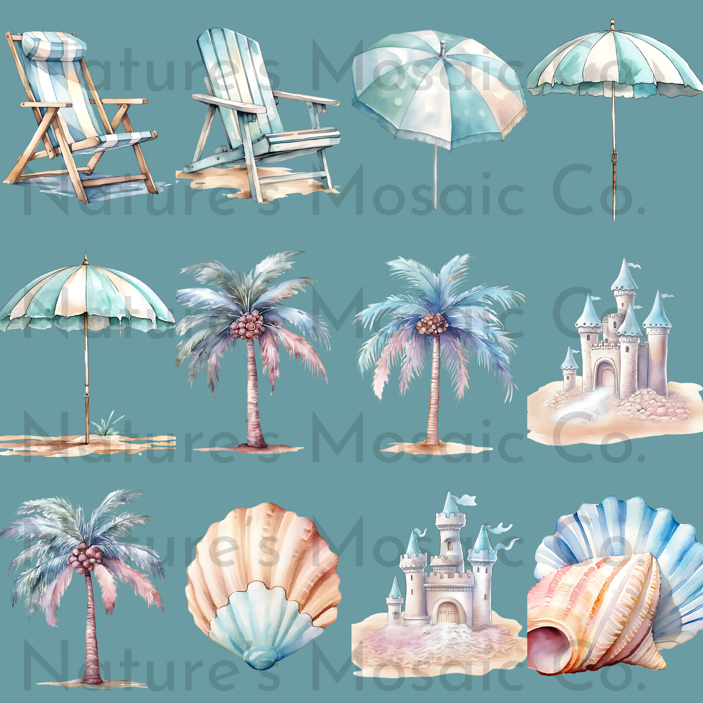 Summer Beach Watercolor Clipart Set, Vacation Clip Art, Boho Tropical Ocean Flip Flops Clip Art Bundle Png Files