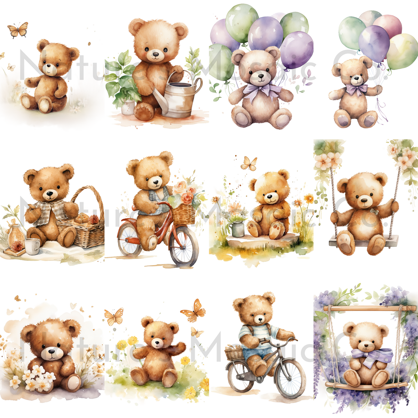 Spring Teddy Bear Clipart | 52 PNG Images | 300 DPI Transparent Background | Cute Watercolor Bear Illustrations for Scrapbooking, Stickers & Sublimation