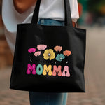 Floral Momma Tote Bag, Colorful Spring Flowers, Mother's Day Gift, Stylish Black Canvas Bag
