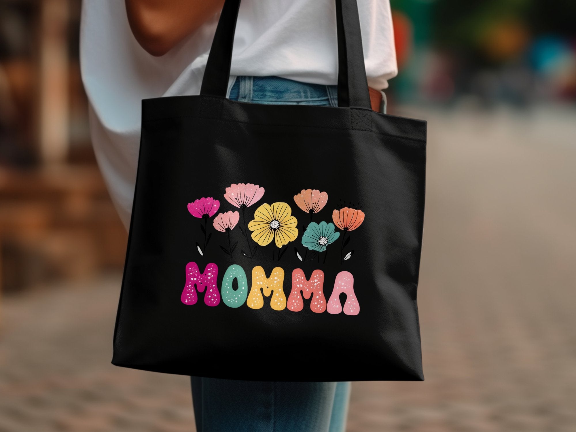 Floral Momma Tote Bag, Colorful Spring Flowers, Mother's Day Gift, Stylish Black Canvas Bag