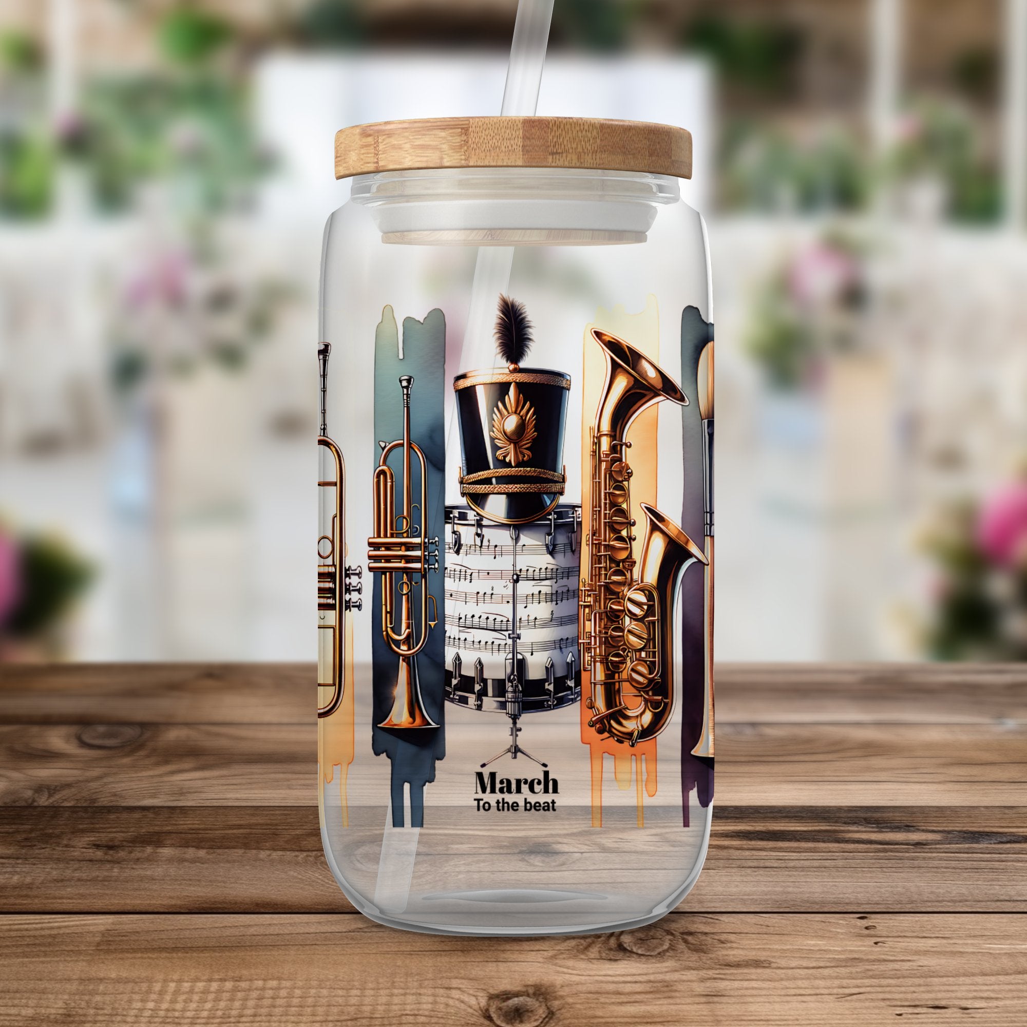 Marching Band Themed Water Bottle, Personalized Musical Instruments Design, Gift for Musicians, Leak Proof Lid