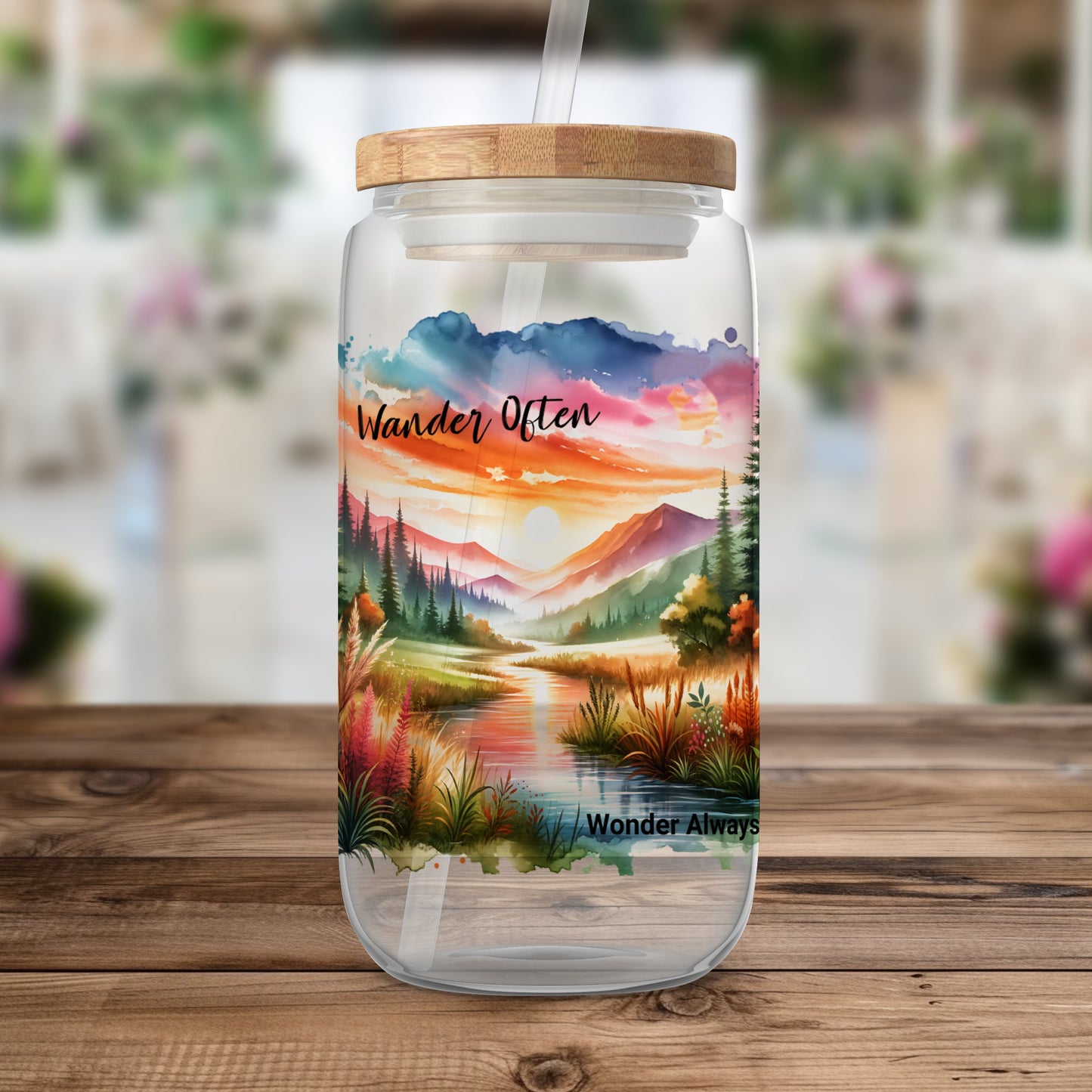 Scenic Mountain Lake Glass Jar with Bamboo Lid, Wander Often Wonder Always, Nature Inspired Kitchen Storage, Decorative Organization