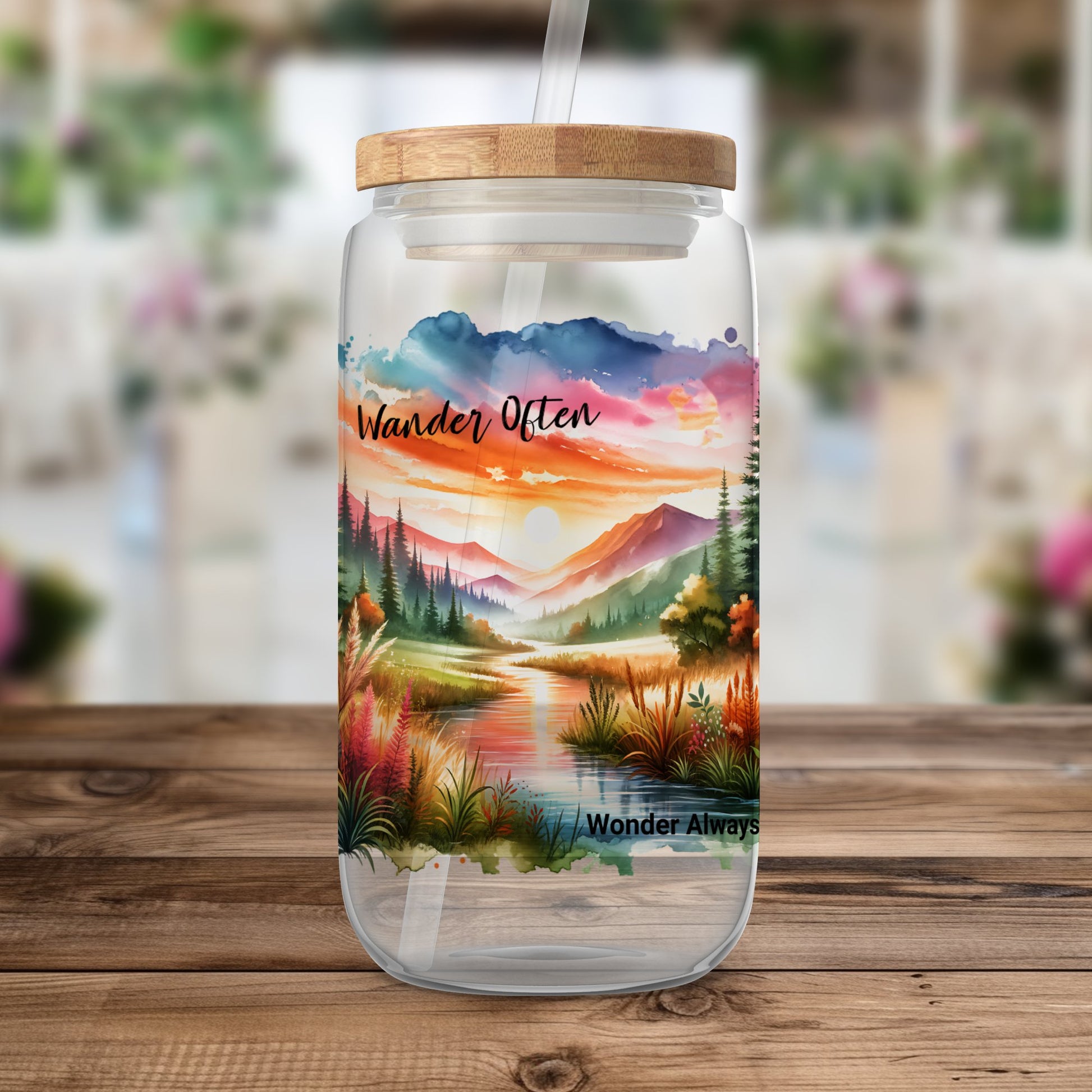 Scenic Mountain Lake Glass Jar with Bamboo Lid, Wander Often Wonder Always, Nature Inspired Kitchen Storage, Decorative Organization