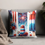 Patriotic Pillow Cover, 4th of July Decor, Fireworks, American Flag, Rocket Pops, Floral Design, Sofa Cushion