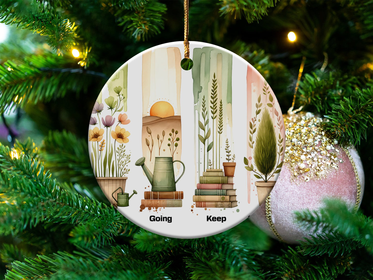 Vintage Botanical Ceramic Ornament, Rustic Holiday Decor, Christmas Tree Decoration, Nature Inspired, Festive Seasonal Gift