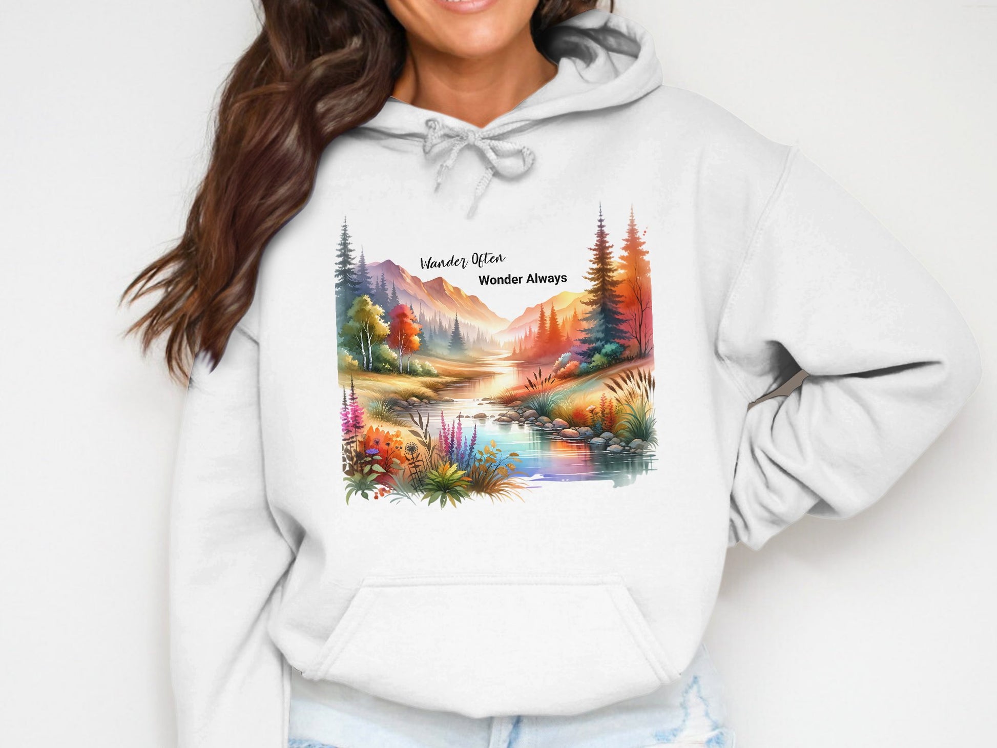 Women's Hoodie with Scenic Mountain Lake Graphics, Autumn Landscape Printed Sweatshirt, Cozy Fall Fashion Pullover