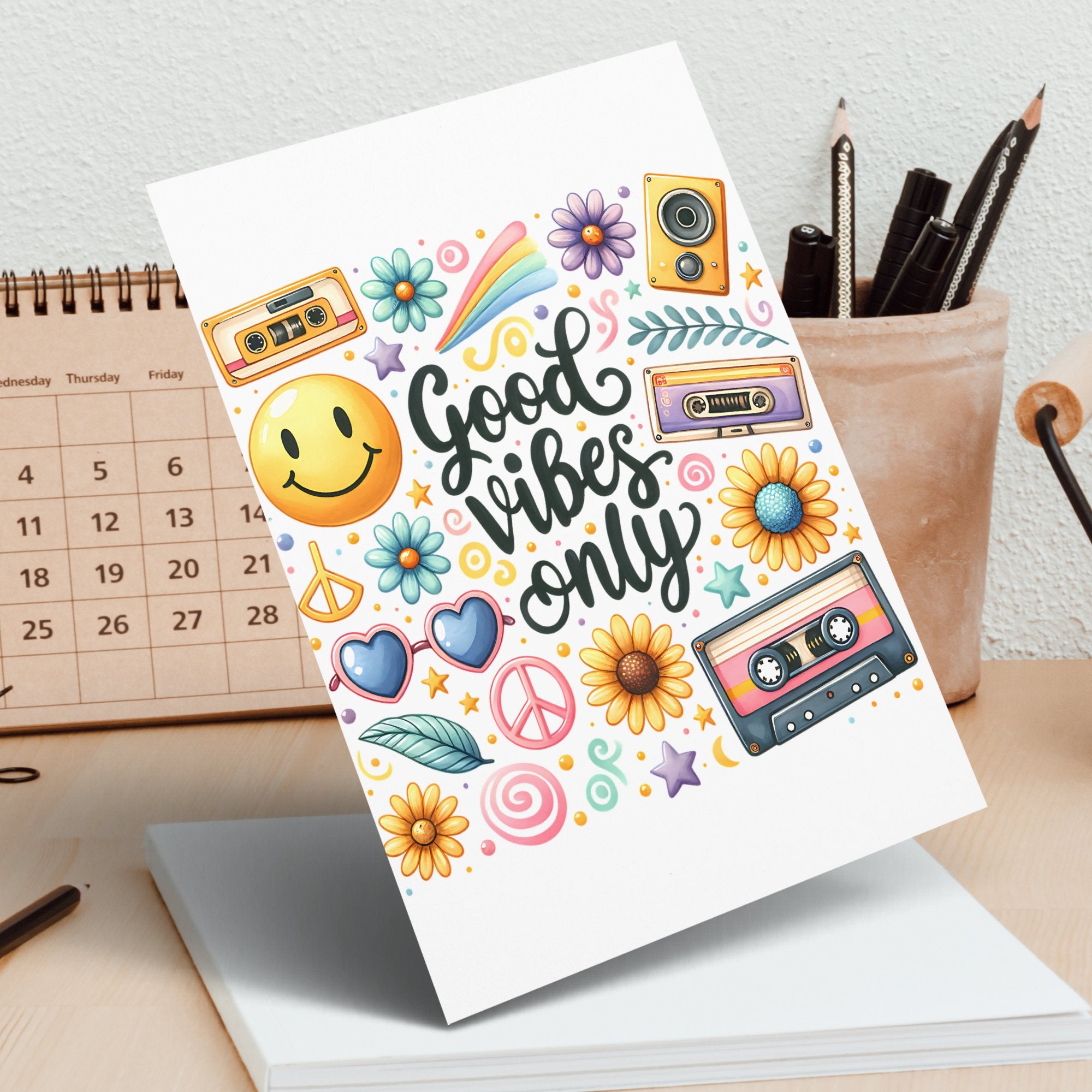Colorful Good Vibes Only Greeting Card, Retro Style with Flowers, Peace Signs, and Smiley Faces for All Occasions