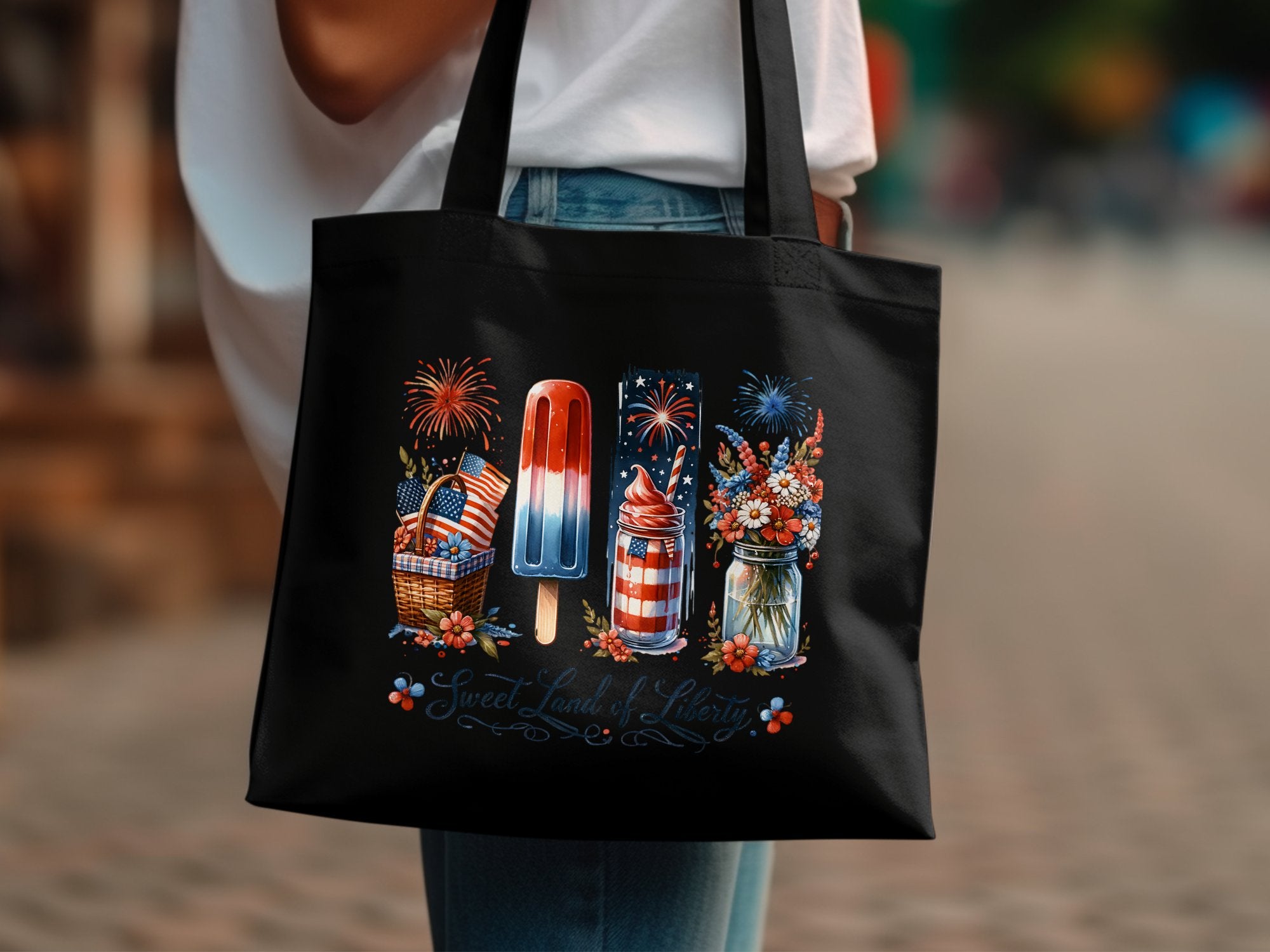 Black Tote Bag with Vintage Summer Picnic Design, Floral and Fireworks Print, Stylish Shoulder Bag for Women