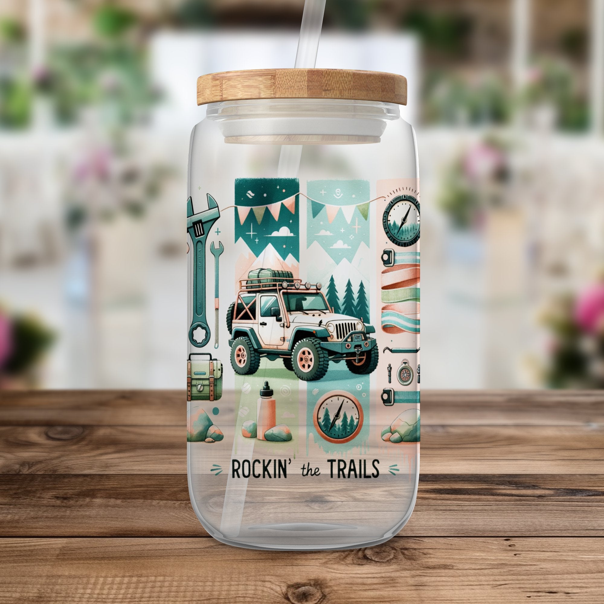 Rockin' the Trails Themed Reusable Water Bottle, Adventure Jeep Print, Outdoor Camping Motif, Gift for Hikers