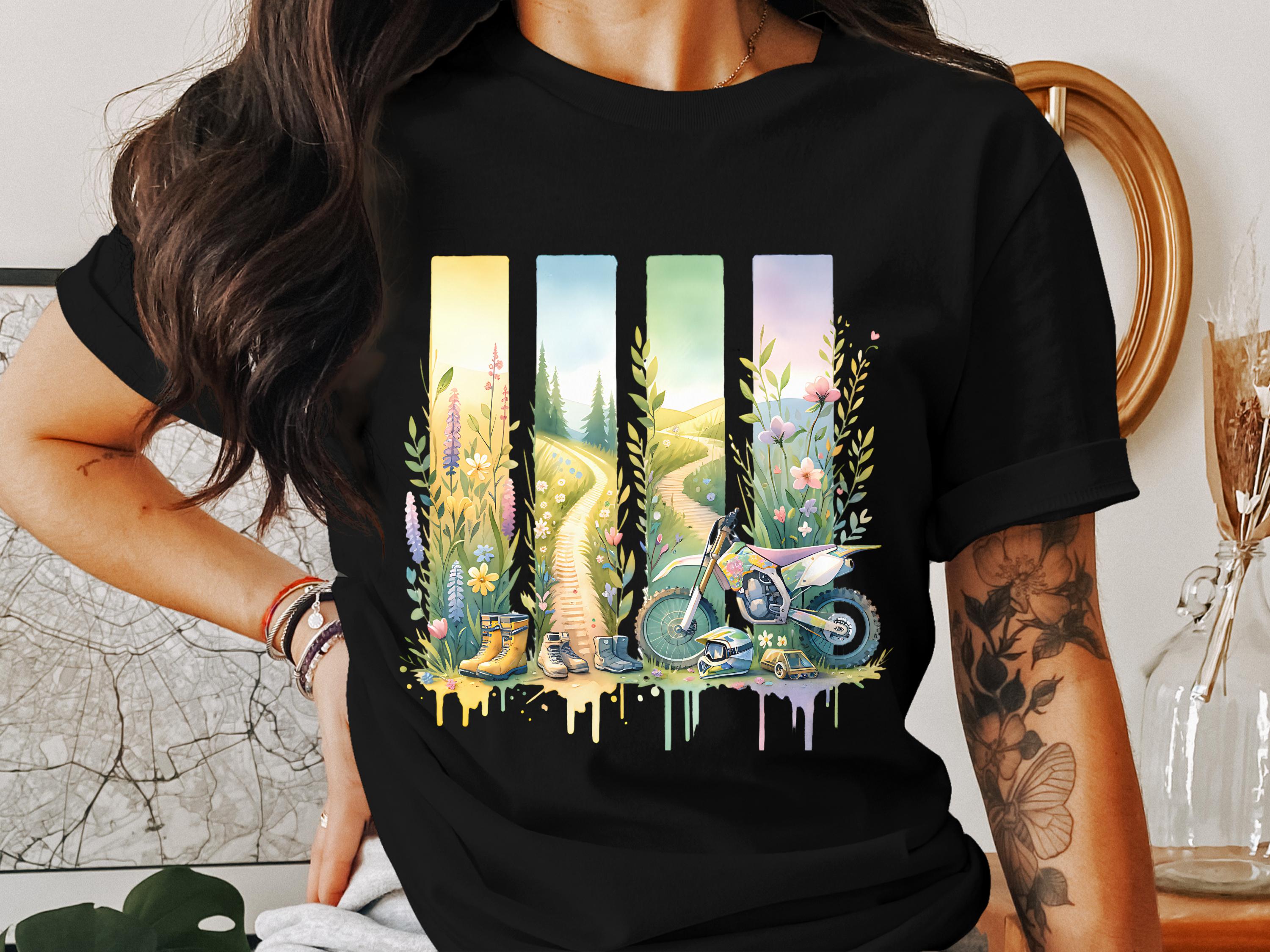 Colorful Forest Dirt Bike Graphic T-Shirt, Motocross Rider Tee, Nature Adventure Motorcycle Shirt, Unique Design Casual Wear