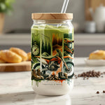 Adventure Themed Reusable Glass Smoothie Jar with Straw, Scenic Motorcycle Print
