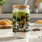 Adventure Themed Reusable Glass Smoothie Jar with Straw, Scenic Motorcycle Print