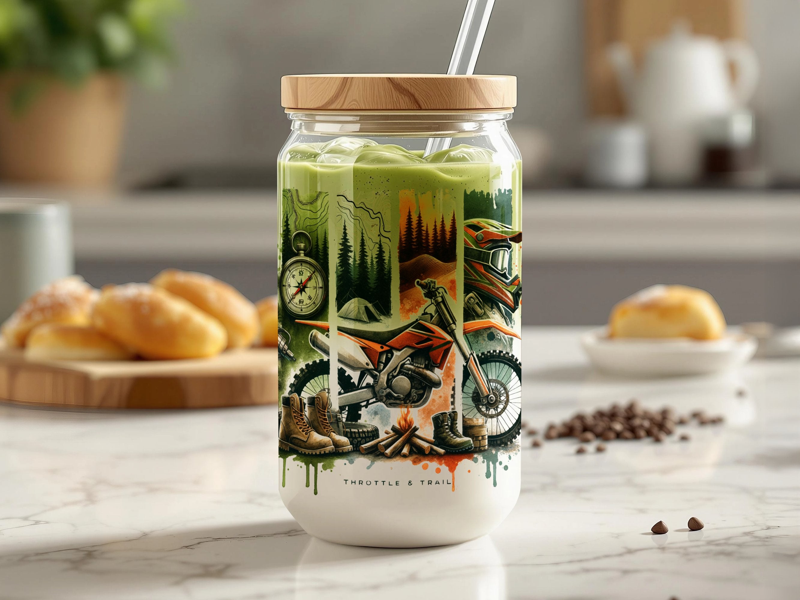 Adventure Themed Reusable Glass Smoothie Jar with Straw, Scenic Motorcycle Print
